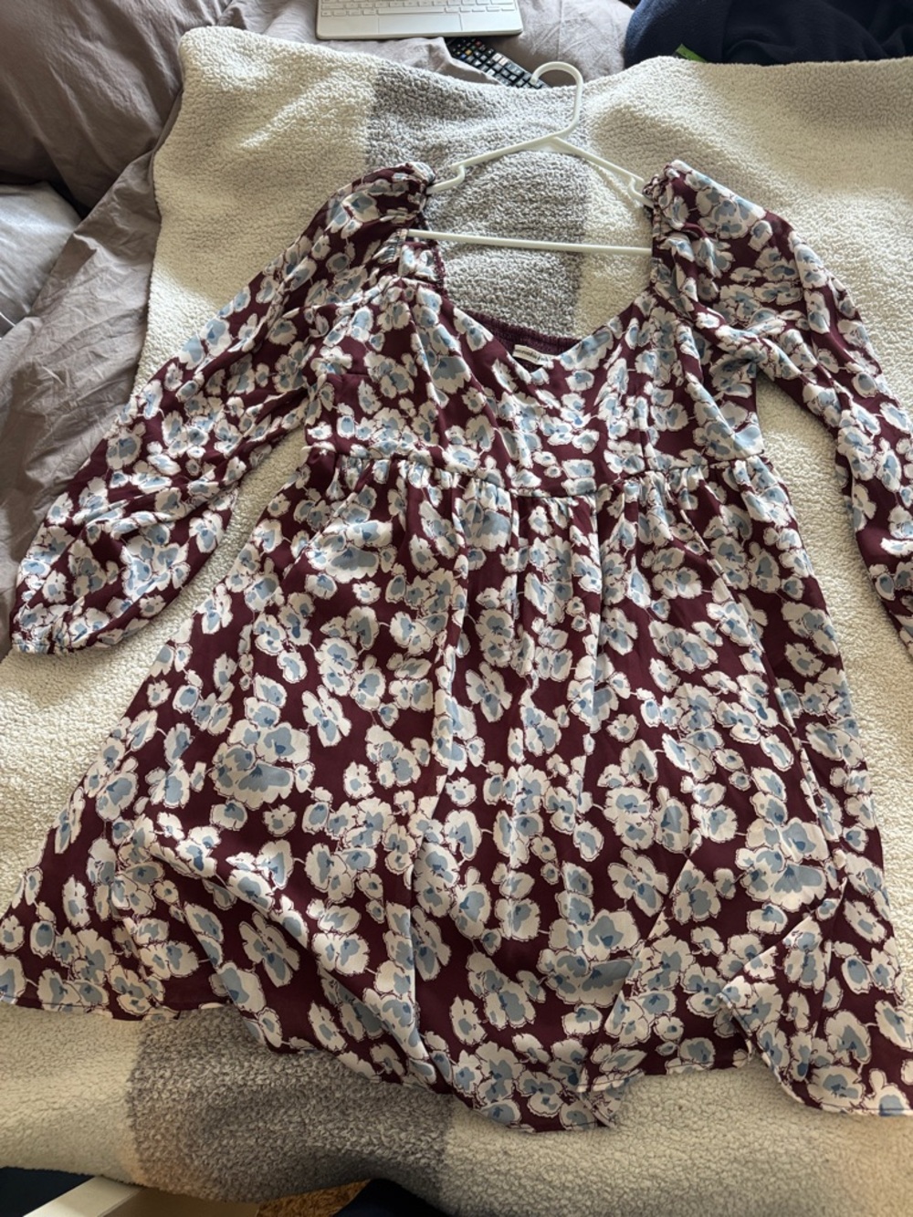 Abercrombie & Fitch Burgundy Floral Mini Dress with Puff Sleeves